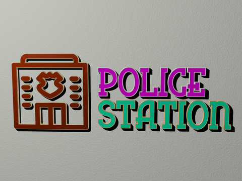 3D graphical image of POLICE STATION vertically along with text built by metallic cubic letters from the top perspective, excellent for the concept presentation and slideshows for illustration and