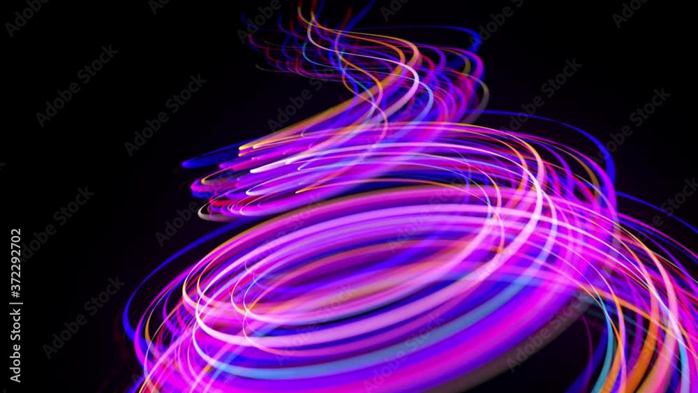 Wall mural motion graphics, sci-fi bg. stream of multicolor neon lines form spiral shape, curls and pattern. ab