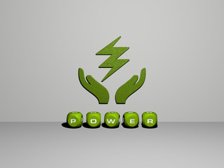 3D representation of power with icon on the wall and text arranged by metallic cubic letters on a mirror floor for concept meaning and slideshow presentation for illustration and background