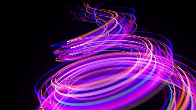 Motion graphics, sci-fi bg. Stream of multicolor neon lines form spiral shape, curls and pattern. Abstract background with light trails, Modern trendy motion design background. Light flow bg in 4k.