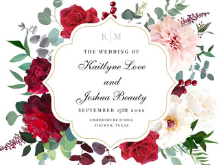 Curved round frame. Elegant fall flowers invitation