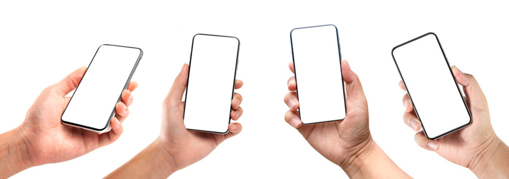 Closeup studio shot, collection of hand holding phone blank touch screen. isolated on white background. Business man hand holding a modern smartphone.