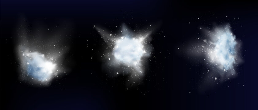 Snow powder white explosion, ice or snowflakes splash clouds, design elements for christmas, new year holidays, winter season promo isolated on dark background. Realistic 3d vector illustration, set