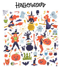 Obraz na płótnie Canvas Cute big set with Halloween illustrations and icons: pumpkin, ghost, cat, bat, young witches, decor clipart. Flat vector design Isolated on white