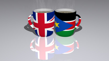 Relationship of united kingdom south sudan presented by their national flags on cups of tea or coffee as editorial or commercial picture