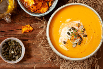 Cream of Pumpkin and sweet potato soup with  seeds.