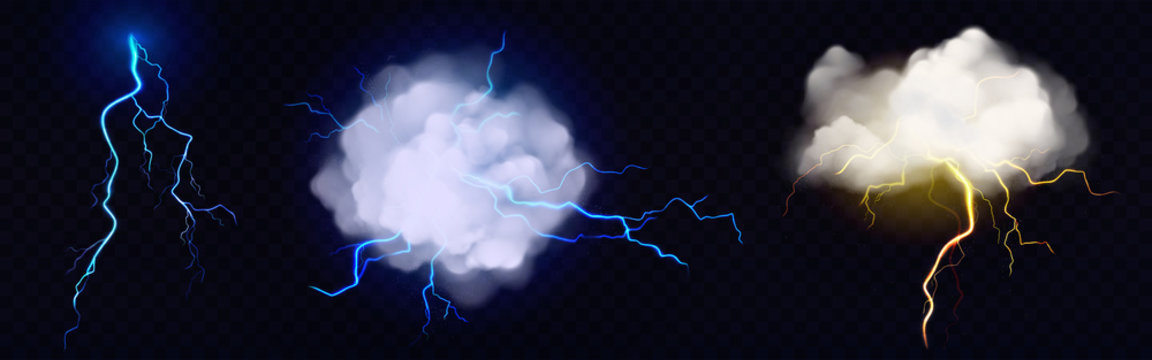 Lightnings, thunderbolt strikes from storm clouds at night. Vector realistic set of blue and yellow electric impacts in sky, sparking discharge of thunderstorm isolated on dark transparent background
