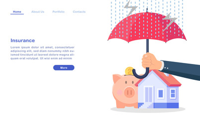 Website landing page template cartoon insurance for property wealth concept umbrella house money pig bad weather