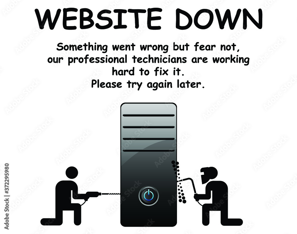 Wall mural comical website down with technicians working to solve the problem isolated on white background