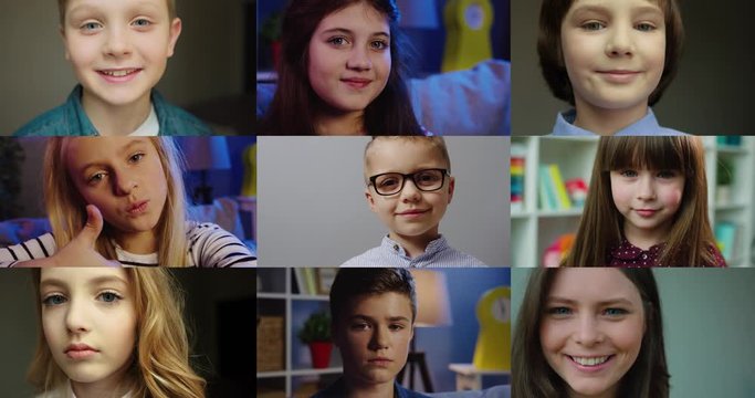 Collage of many different children smiling to camera at home. Cute little Caucasian boy in glasses in room in day. Male teen in glasses looks away. Adorable girls in good mood in evening. Kids concept