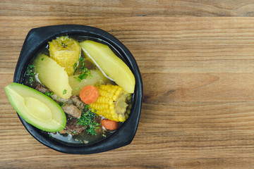 Sancocho, typical Colombian soup. Colombian gastronomy.
