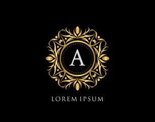 Gold Badge A Letter Logo. Luxury calligraphic vintage emblem with beautiful classy floral ornament. Vintage Frame design Vector illustration.