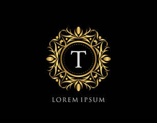 Gold Badge T Letter Logo. Luxury calligraphic vintage emblem with beautiful classy floral ornament. Vintage Frame design Vector illustration.