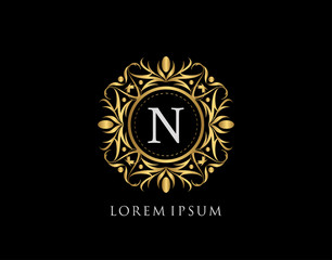 Gold Badge N Letter Logo. Luxury calligraphic vintage emblem with beautiful classy floral ornament. Vintage Frame design Vector illustration.