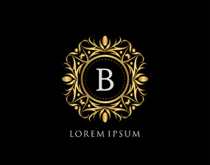 Gold Badge B Letter Logo. Luxury calligraphic vintage emblem with beautiful classy floral ornament. Vintage Frame design Vector illustration.