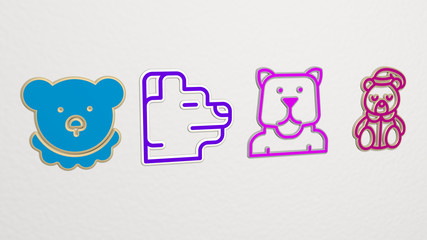 bear 4 icons set, 3D illustration for animal and background
