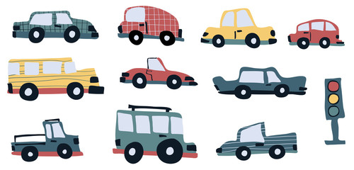 Cars and traffic light clipart illustration set hand drawn in childish style