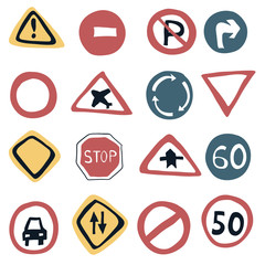 Road signs clipart illustration set hand drawn in childish style