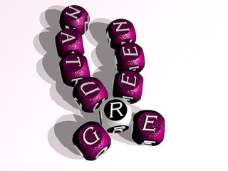 green nature curved crossword of cubic dice letters, 3D illustration for background and beautiful