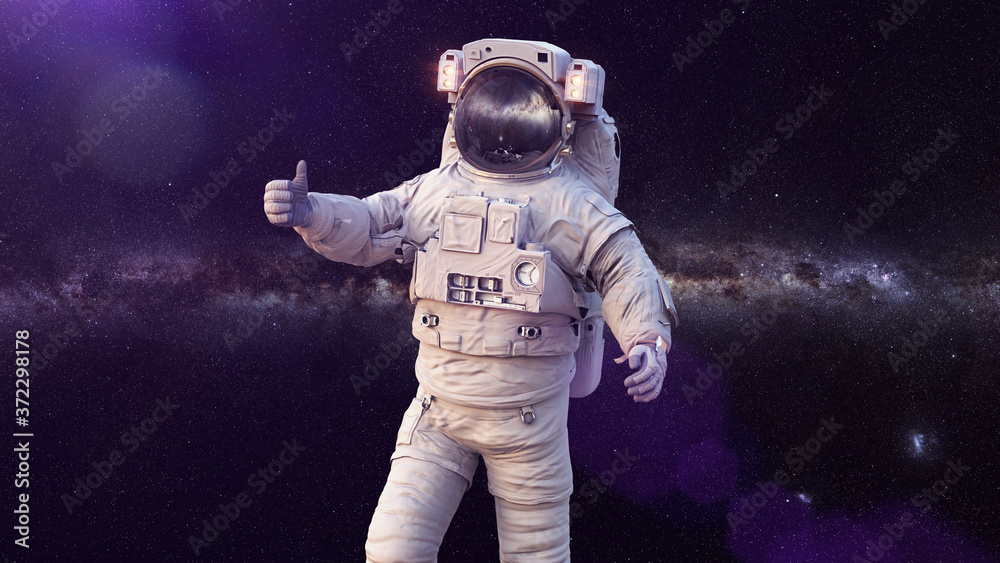 Sticker astronaut showing thumbs up during spacewalk in empty space