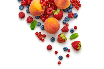 Blueberry, raspberry, blackberry, redcurrant, strawberry, peach, isolated on white. Fresh blueberry, berries mix closeup. Red raspberry, mint creative composition.
