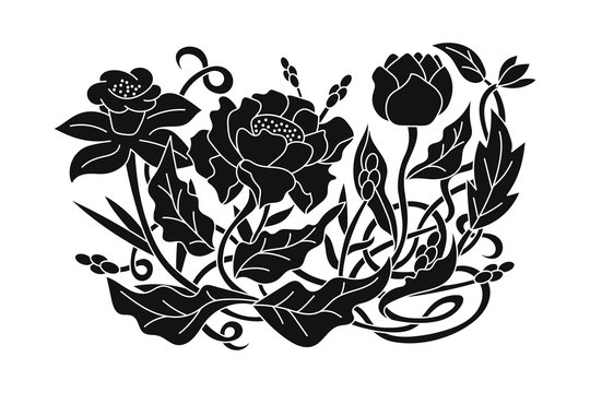 Doodle poppy, tulip, peony, daffodil with leaf, grass. Stencilhand drawing flower isolated on white. Vector stock illustration. EPS 10