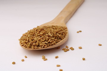 Seeds of fenugreek in wooden spoon on white background closeup