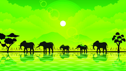 Fototapeta na wymiar Abstract Green Gradient Field Nature Animal Landscape Background Vector Design Style With Sea Water Sun Clouds Tree And Elephants