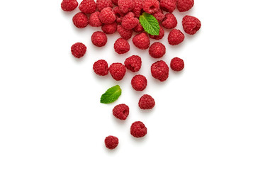 Raspberry isolated on white. Fresh berry closeup, healthy diet concept. Ripe organic bilberry, mint leaf creative composition. Juicy raspberry background, top view.