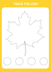 Autumn leaf. Fine motor skills preschool worksheet - dotted lines. Trace sheet. Illustration and vector outline - A4 paper, ready for printing.
