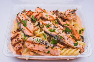 Delicious fusilli pasta a la diabla with salmon
