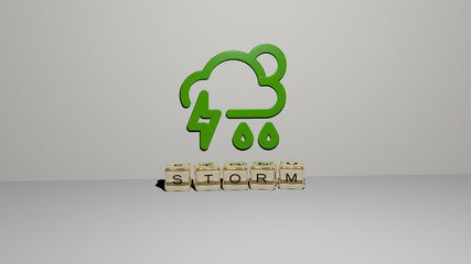 STORM 3D icon on the wall and cubic letters on the floor, 3D illustration for background and clouds
