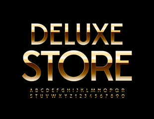 Vector business sign Deluxe Store. Elite Golden Font. Shiny Elegant Alphabet Letters and Numbers