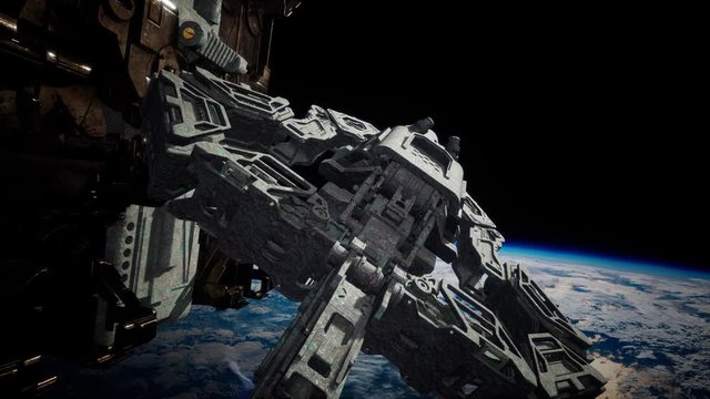 highly detailed huge spaceship approaching to the Earth. elements of this image furnished by NASA