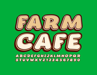 Vector eco banner Farm Cafe. Retro 3D Font. Creative Alphabet Letters and Numbers