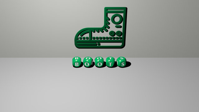 BOOTS 3D icon on the wall and text of cubic alphabets on the floor, 3D illustration for background and black