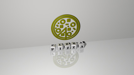 PIZZA text of cubic dice letters on the floor and 3D icon on the wall, 3D illustration for food and cheese