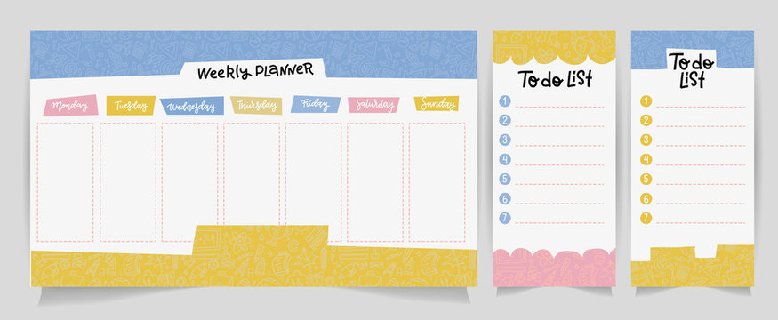 Cute Calendar Daily and Weekly Planner Template. Note Paper , to do list Set with Vector linear school supplies Illustrations. Good for Kids. Organizer and Schedule with place for Notes.