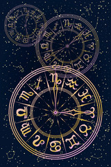 Round Frame with Zodiac Signs. Horoscope Symbol. Glowing Sky Map of Hemisphere. Colorful Constellations on Starry Night Background. Raster Illustration