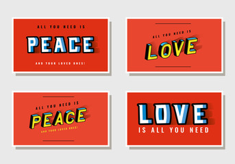 3d peace and love lettering on red backgrounds design, typography retro and comic theme Vector illustration