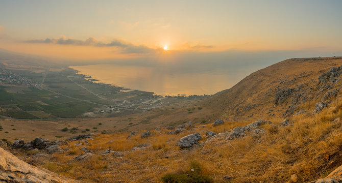 Panoramic sunrise view of the Sea of Galilee from Arbel