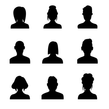 Silhouette head, avatar face, person icon people. Male and female profile. Vector illustration set