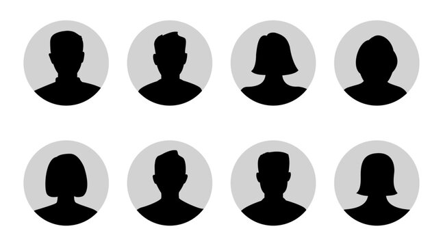 Silhouette head, avatar face, person icon people. Male and female profile. Vector illustration set