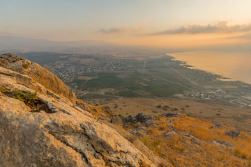 Sunrise view of the Sea of Galilee, from mount Arbel