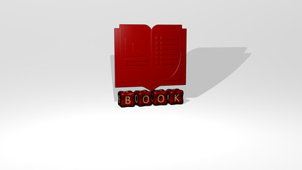 BOOK 3D icon object on text of cubic letters, 3D illustration for background and design