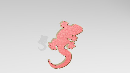 lizard on the wall. 3D illustration of metallic sculpture over a white background with mild texture for animal and green