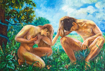 Adam and Eve. Picture painting, oil on canvas. Biblical scene representation of Adam and Eve in the Eden - obrazy, fototapety, plakaty