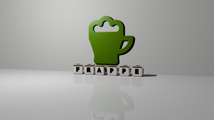 frappe text of cubic dice letters on the floor and 3D icon on the wall, 3D illustration for coffee and beverage