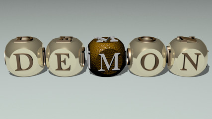 demon text by cubic dice letters, 3D illustration for devil and background