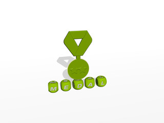 MEDAL cubic letters with 3D icon on the top, 3D illustration for award and gold